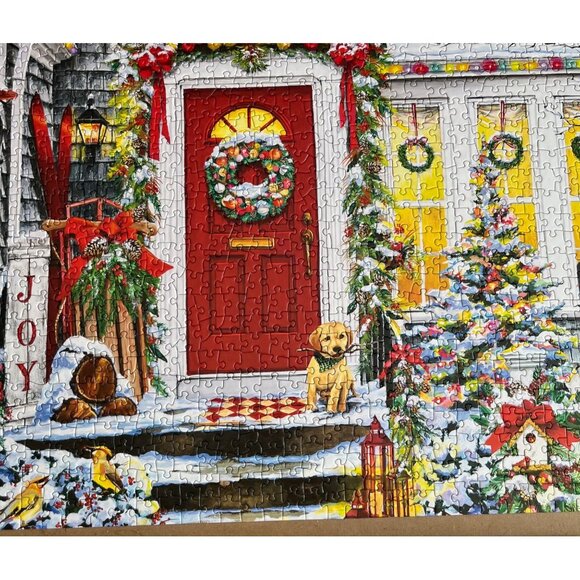 Vermont 1000 Piece Puzzle Winter Welcome Holiday Christmas Scene Red Door Dog - Picture 3 of 7